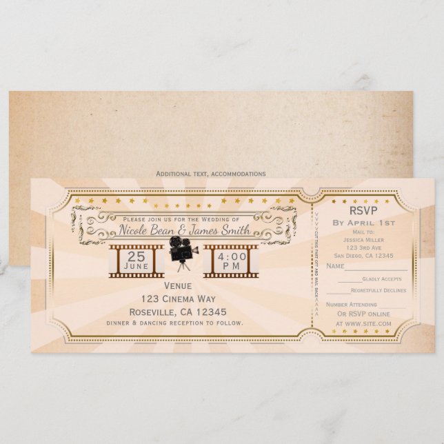 Vintage biobröllopsbiljett inbjudan & rsvp (Fram/baksida)