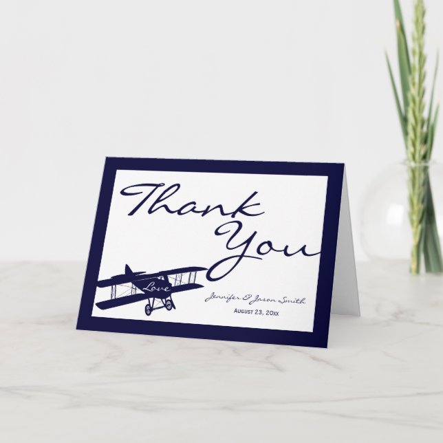 Vintage Biplan Aviator Blue Bröllop Tack Kort (Framsida)