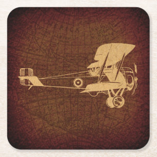 Vintage Biplan Flygplan Antique-flygplan med Karta Underlägg Papper Kvadrat