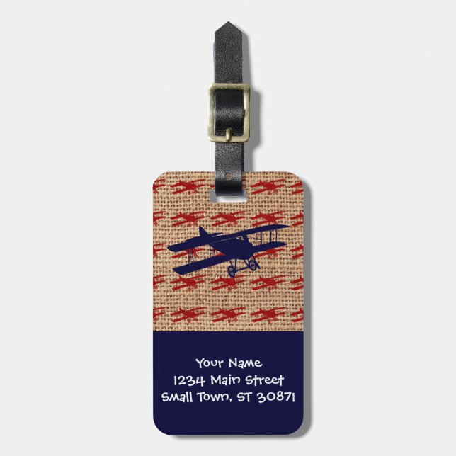 Vintage Biplan Propeller-flygplan vid kopiering Bagagebricka (Vertikal Framsida)