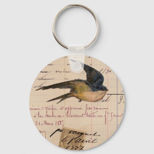 Vintage Bird and Ledger Papper Digital Art Nyckelring
