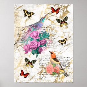 Vintage Bird Art, Flowers, Butterflies, Brev Poster