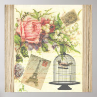 Vintage Bird Blommigt Fransk Paris Eiffel Torn