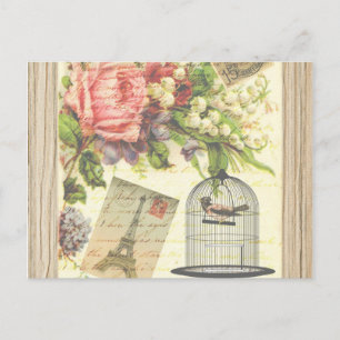 Vintage Bird Blommigt Fransk Paris Eiffel Torn Vykort