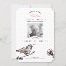Vintage Bird Blommigts Black Rosa Birth Notice