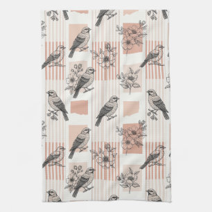 Vintage Bird Blossom Toile-rand (11) Kökshandduk