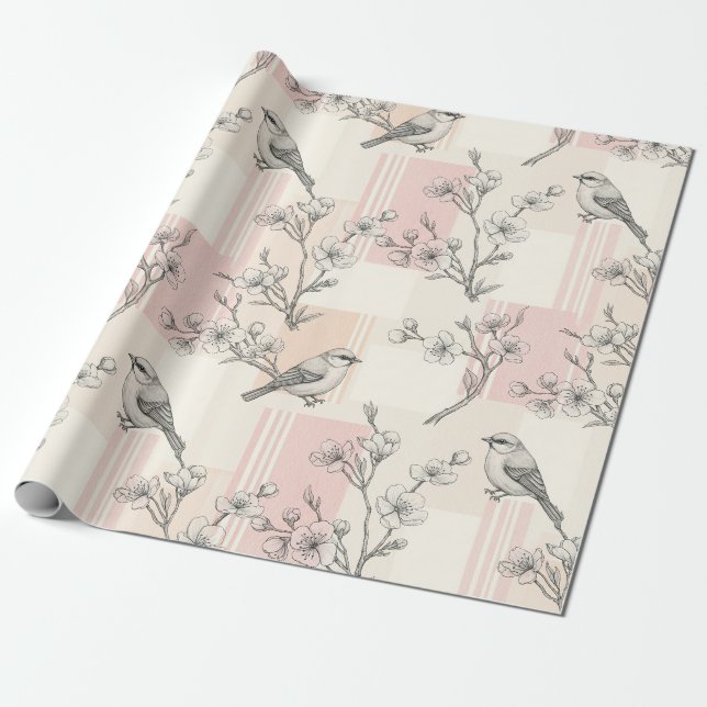 Vintage Bird Blossom Toile-rand (2) Presentpapper (Utrullad)