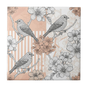 Vintage Bird Blossom Toile-rand (3) Kakelplatta
