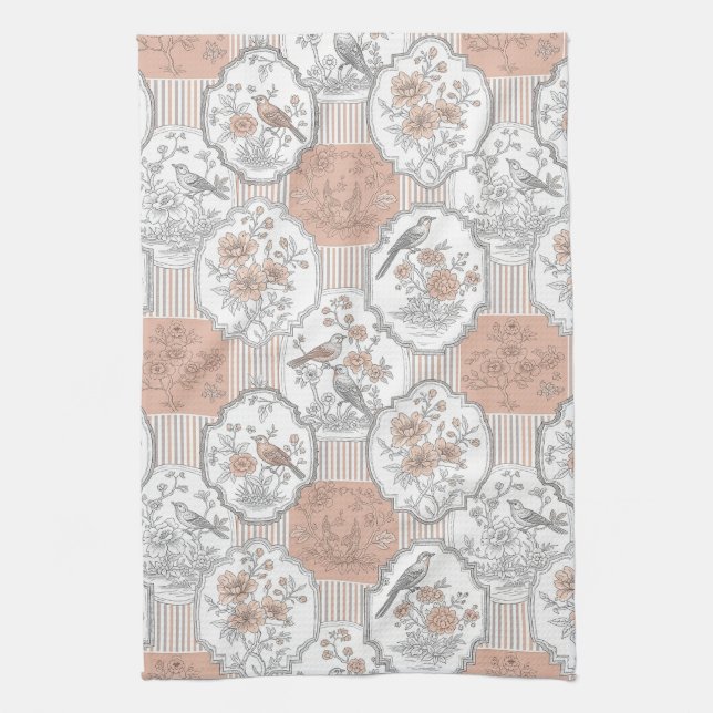 Vintage Bird Blossom Toile-rand (3) Kökshandduk (Vertikal)