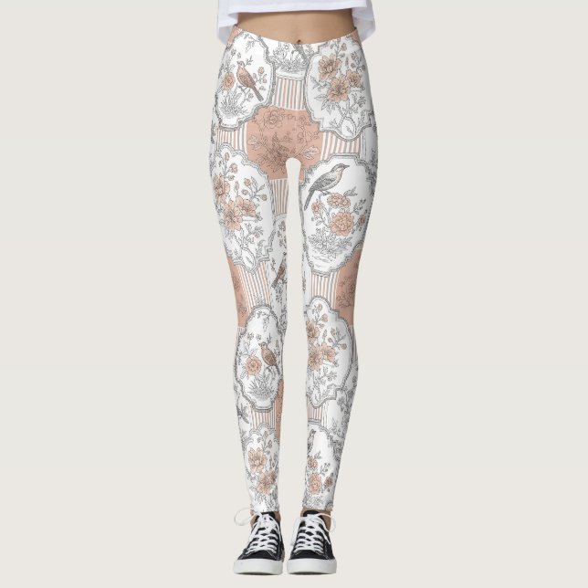 Vintage Bird Blossom Toile-rand (3) Leggings (Framsida)