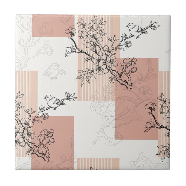 Vintage Bird Blossom Toile-rand (4) Kakelplatta (Framsidan)