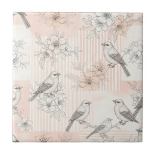 Vintage Bird Blossom Toile-rand (6) Kakelplatta