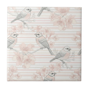 Vintage Bird Blossom Toile-rand (8) Kakelplatta