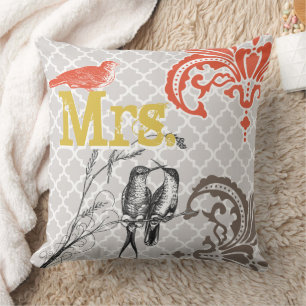 Vintage Bird Brides Pillow Monogram Tile Mönster Kudde