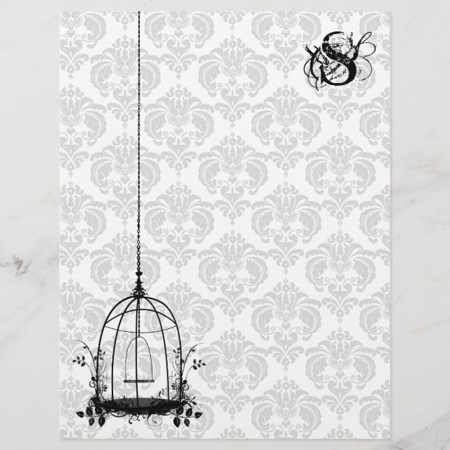 Vintage Bird Cage Red Damask Monogram Letterhead (Framsida)