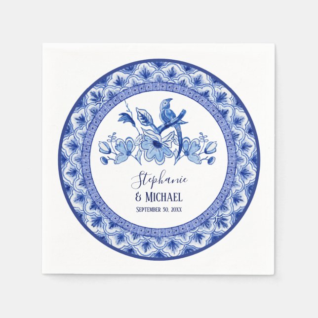 Vintage Bird Chinoiserie Navy Blommigt Möhippa Pappersservett (Framsidan)