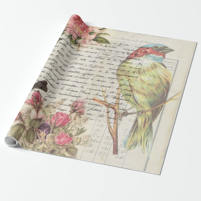 Vintage Bird Decoupage Botanical Presentpapper (Utrullad)