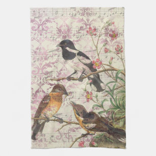 Vintage Bird Ephemera Decoupage Tea Towel Kökshandduk