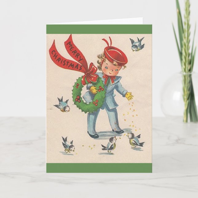 Vintage Bird Feeding Christmas Card Helgkort (Framsida)