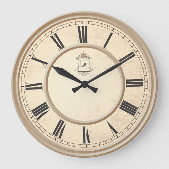 Vintage Bird in Cage Beige Stor Klocka (Framsida)