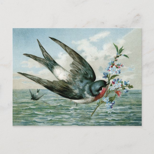 Vintage Bird med Blommar Gren Vykort (Framsida)