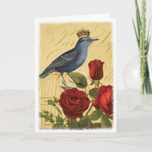 Vintage Bird med Krona och Röd ros Kort