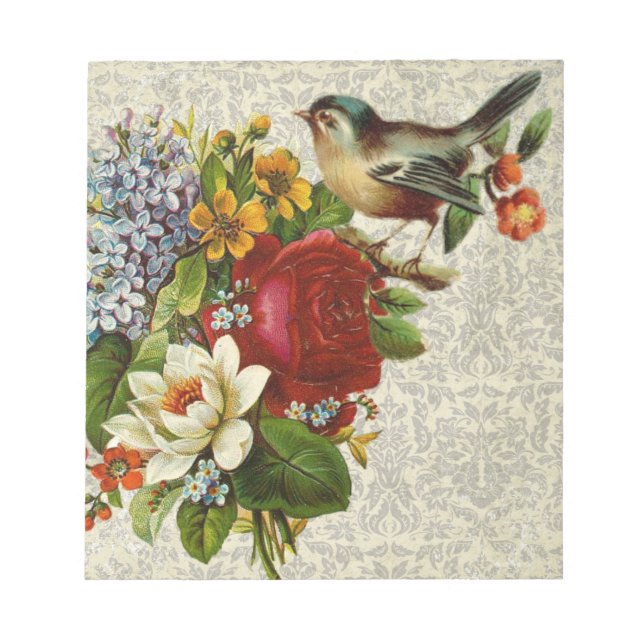 Vintage Bird on Flowers Anteckningsblock (Framsida)