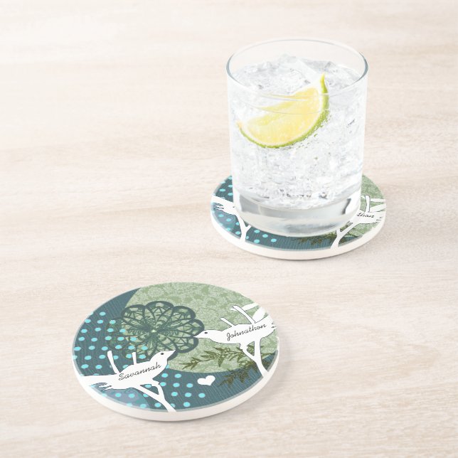 Vintage Bird Polka Dot Collage Underlägg Sandsten (Sidan)