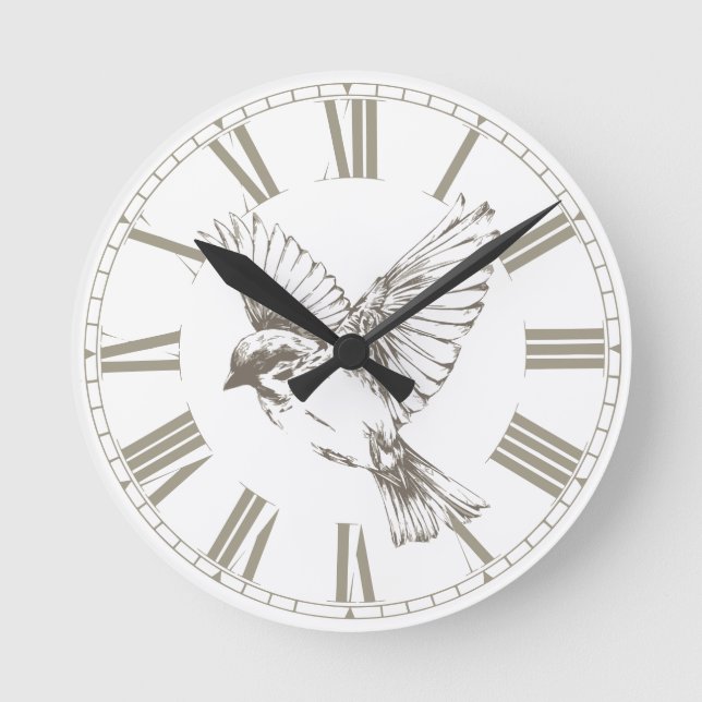 Vintage Bird Roman Numerals Sepia  Rund Klocka (Framsida)