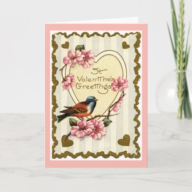 Vintage Bird Rosa Valentine Greeting Card Helgkort (Framsida)