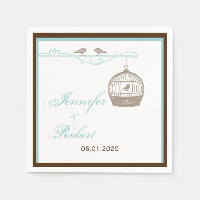Vintage Birdcage i Brown och Aqua Bröllop Pappersservett (Framsidan)
