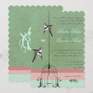 Vintage BirdCage Pea Pod Coral Bröllop Love birds Inbjudningar