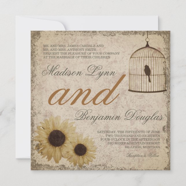 Vintage Birdcage Sunwers Rustic Wedding bjudande i Inbjudningar (Framsida)