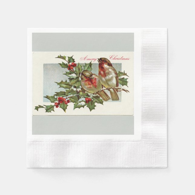 Vintage Birds and Holly Grått jul Pappersservett (Framsidan)