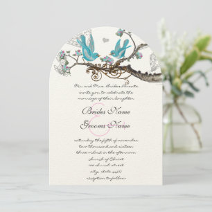 Vintage Birds Aqua & Hett PinkWedding Inbjudan