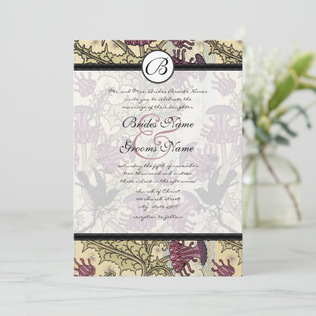 Vintage Birds Berry Damask bröllopsinbjudan Inbjudningar (Stående Fram)