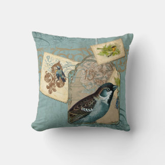 Vintage Birds Blommigt Postage Frimärke Swirl Gren Kudde