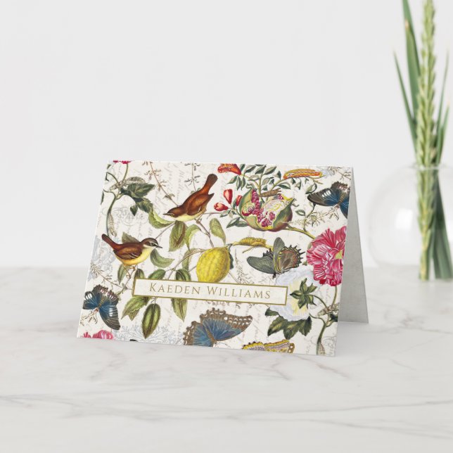 Vintage Birds botaniskt mappat gratulationskort Kort (Framsida)