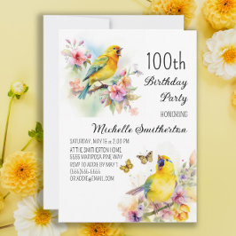 Vintage Birds Canaries Flowers 100 Birthday Inbjudningar