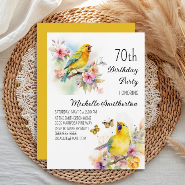 Vintage Birds Canaries Flowers 70:e födelsedagen Inbjudningar (Yellow canary women's 70th birthday party invitation)