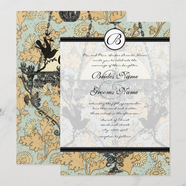 Vintage Birds Damask Kristallkrona Bröllopsinbjuda Inbjudningar (Fram/baksida)
