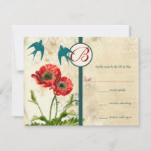 Vintage Birds Damask Poppy Wedding bjudande