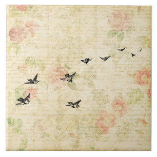 Vintage Birds-Elegantens Blommigt Skript Papprare Kakelplatta