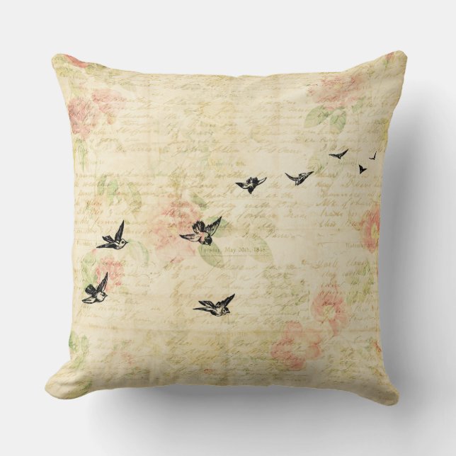 Vintage Birds-Elegantens Blommigt Skript Papprare  Kudde (Framsida)