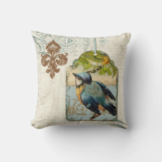 Vintage Birds Fleur de Lis Songbird Swirl Collage Kudde