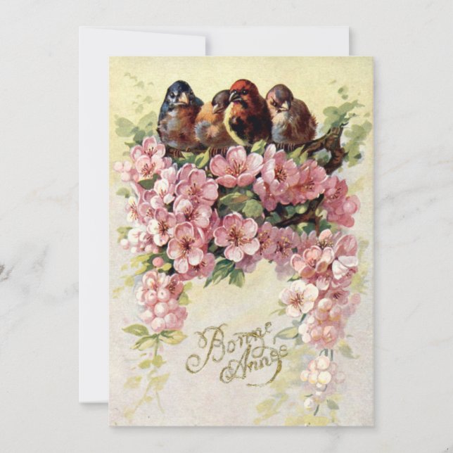 Vintage Birds & Flowers Bonne Annee Julkort (Framsida)