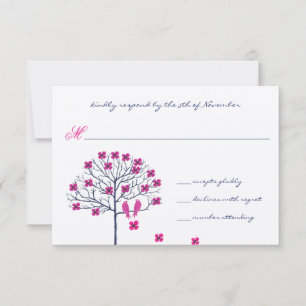 Vintage Birds Fuchsia & Navy Wedding bjudande in OSA Kort