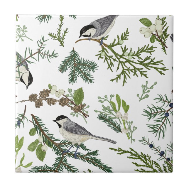 Vintage Birds Grönt Flora Chickadee Art nouveau Kakelplatta (Framsidan)