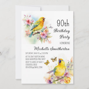 Vintage Birds Kanariefåglar Blommor 90-årsdag Inbjudningar