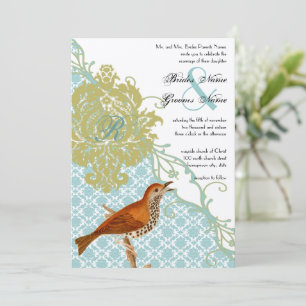 Vintage Birds Lagoon Endive Damask Wedding Inbjudningar